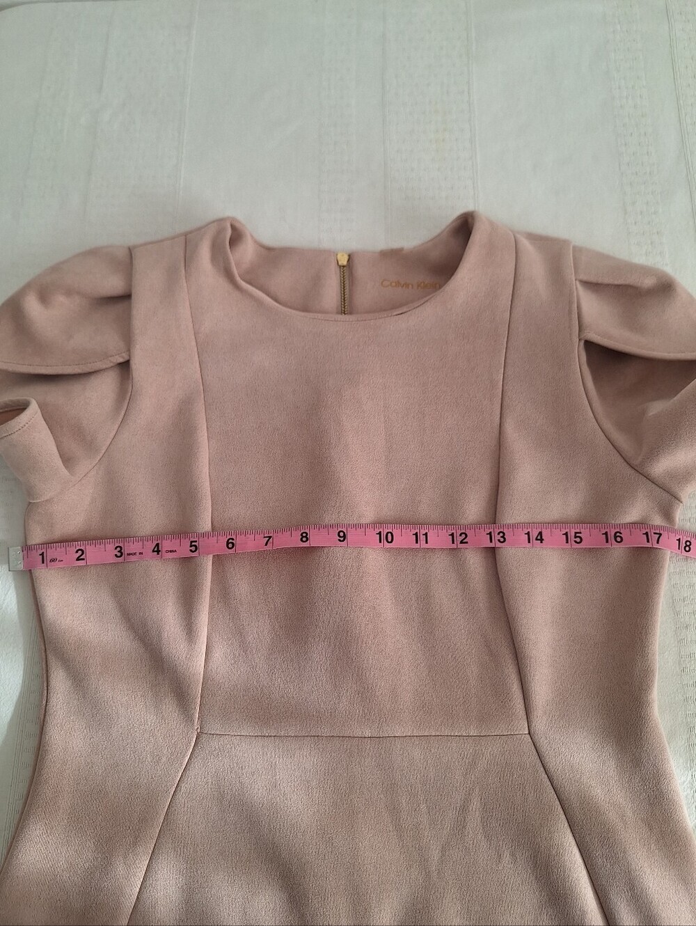 Calvin Klein Blush Pink Midi Sheath Dress with Structured Puff Sleeves - Picture 4 of 8